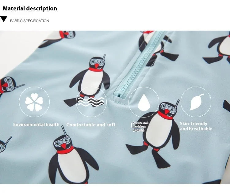 Boy's penguin print long sleeve swimsuit with matching cap for sun protection during water activities