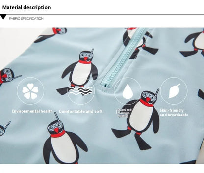 Boy's penguin print long sleeve swimsuit with matching cap for sun protection during water activities