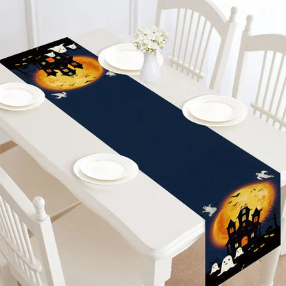 Halloween table runner with digital printed designs measuring 30cm by 182cm on polyester linen material