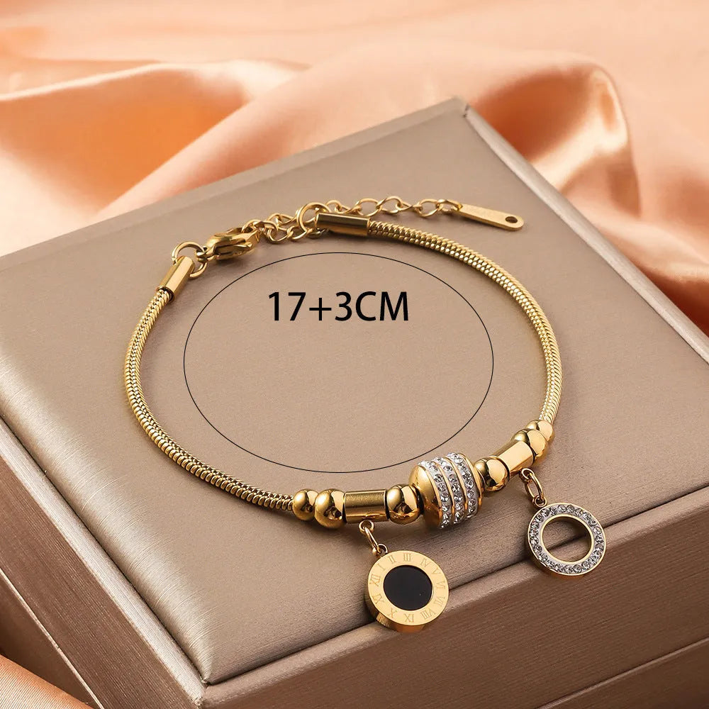 Titanium steel inlaid shell bracelet with electroplated finish showing pattern variation options