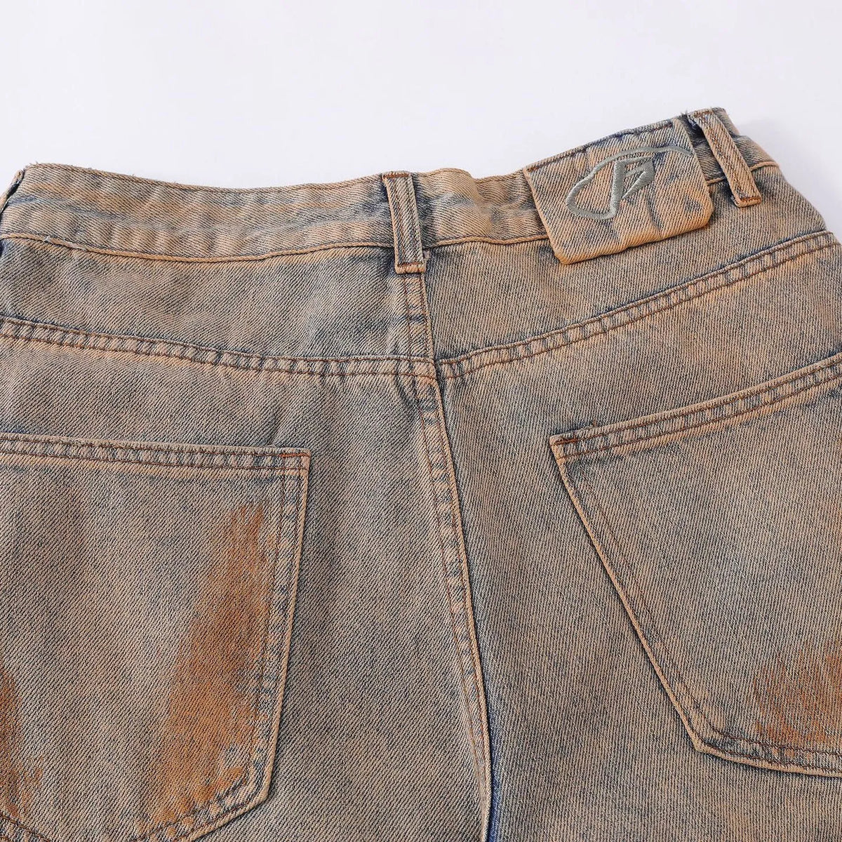 Men's vintage ripped jeans in washed blue cotton, loose straight-leg, mid waist, zipper fly, sizes S-XL.