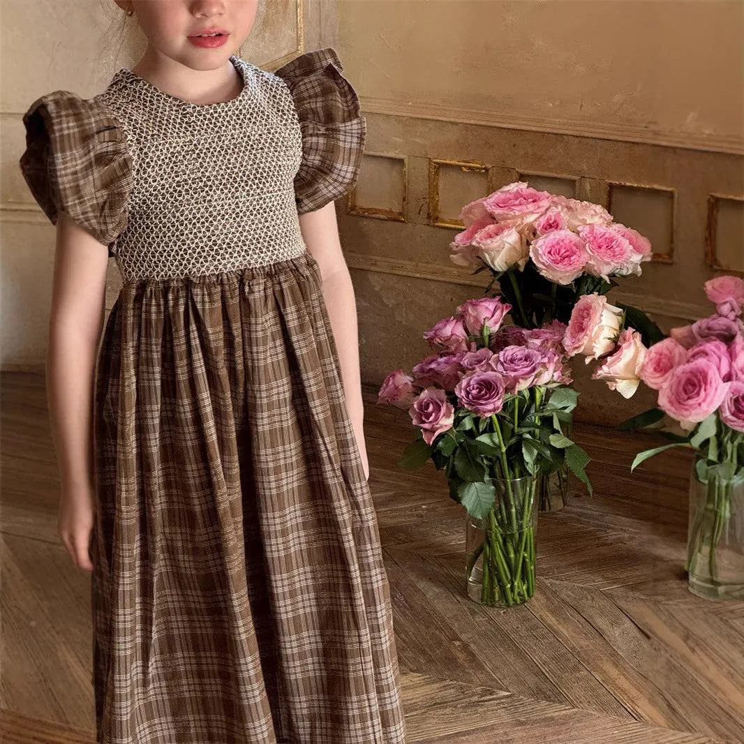 Girls' retro plaid sleeveless cotton dress in coffee plaid or red plaid, height sizes 90cm to 140cm