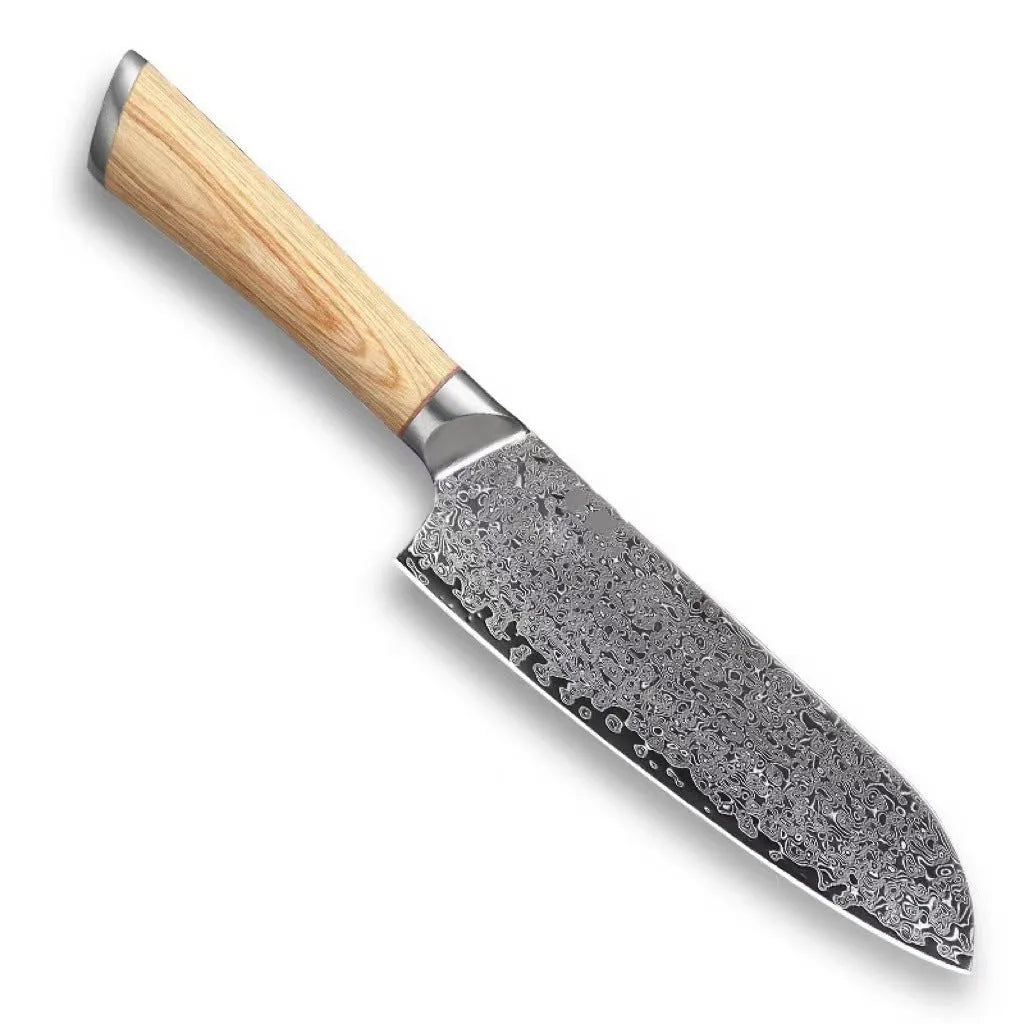 Damascus pattern kitchen knife set with eight stainless steel blades in various sizes