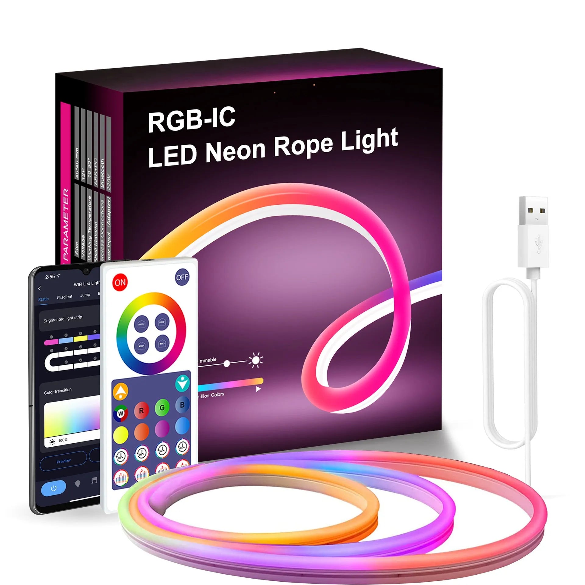 3-metre neon light strip with RGB LEDs and remote control for indoor lighting