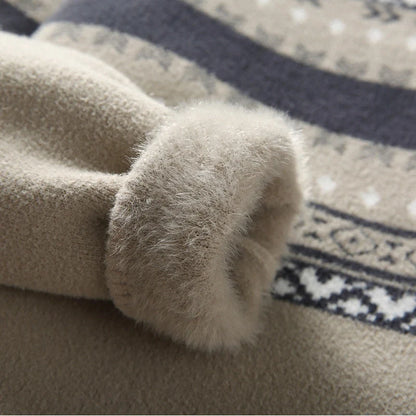 Men's mock neck velvet sweater in dark gray, black, and apricot with rabbit fur lining