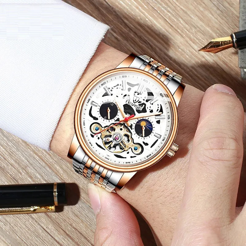 Men's tourbillon mechanical watch showing 16.5mm thickness with luminous hands and waterproof construction