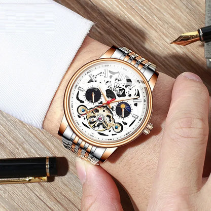 Men's tourbillon mechanical watch showing 16.5mm thickness with luminous hands and waterproof construction
