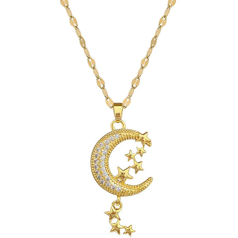 A218 stainless steel necklace with geometric moon pendant featuring copper detailing on an image style chain