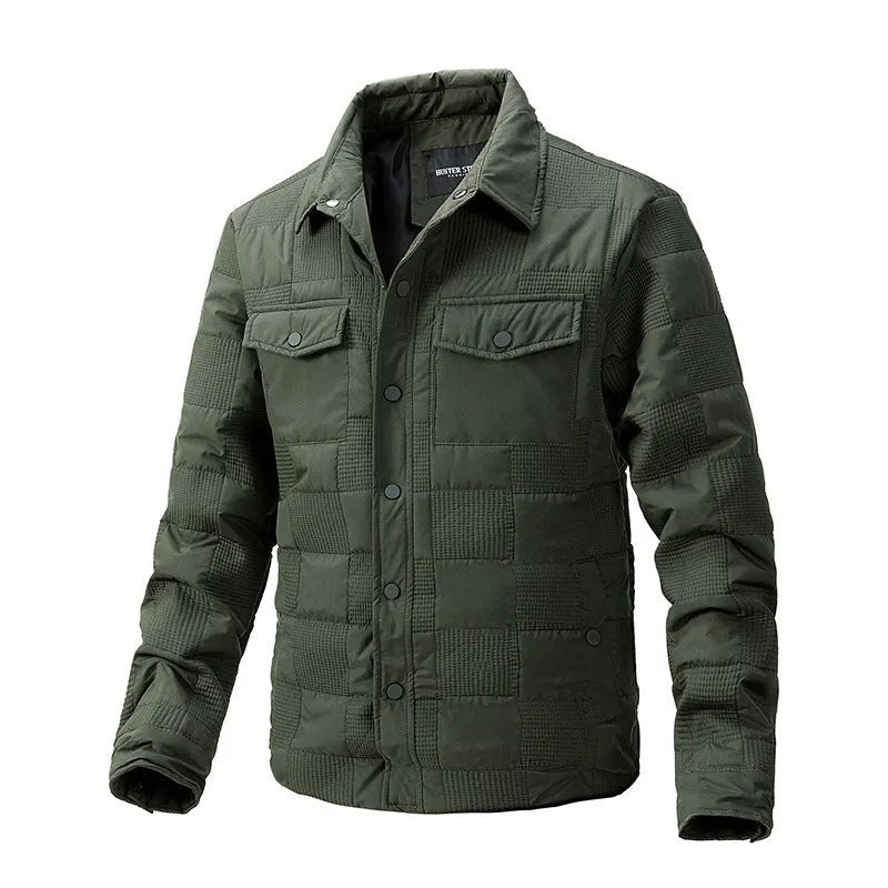 Men's black quilted polo collar jacket with wool lining on a hanger