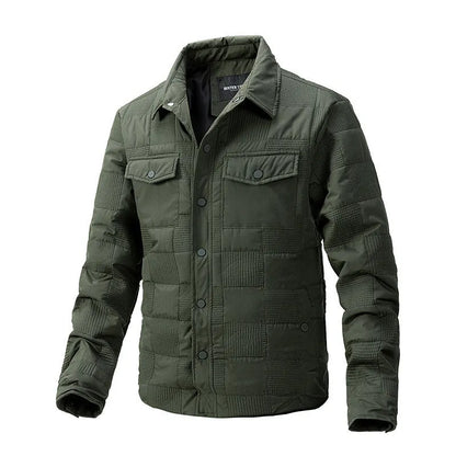 Men's black quilted polo collar jacket with wool lining on a hanger