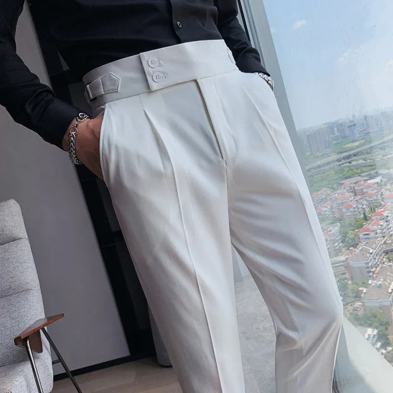 Straight-leg casual trousers in solid khaki colour on a hanger, showing the classic fit.