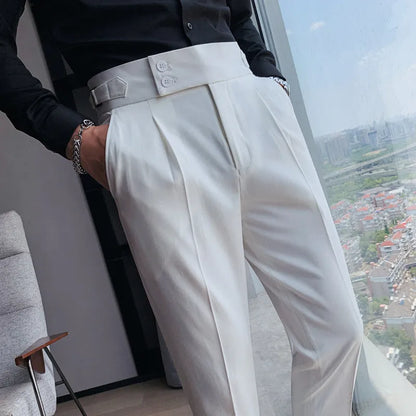 Straight-leg casual trousers in solid khaki colour on a hanger, showing the classic fit.