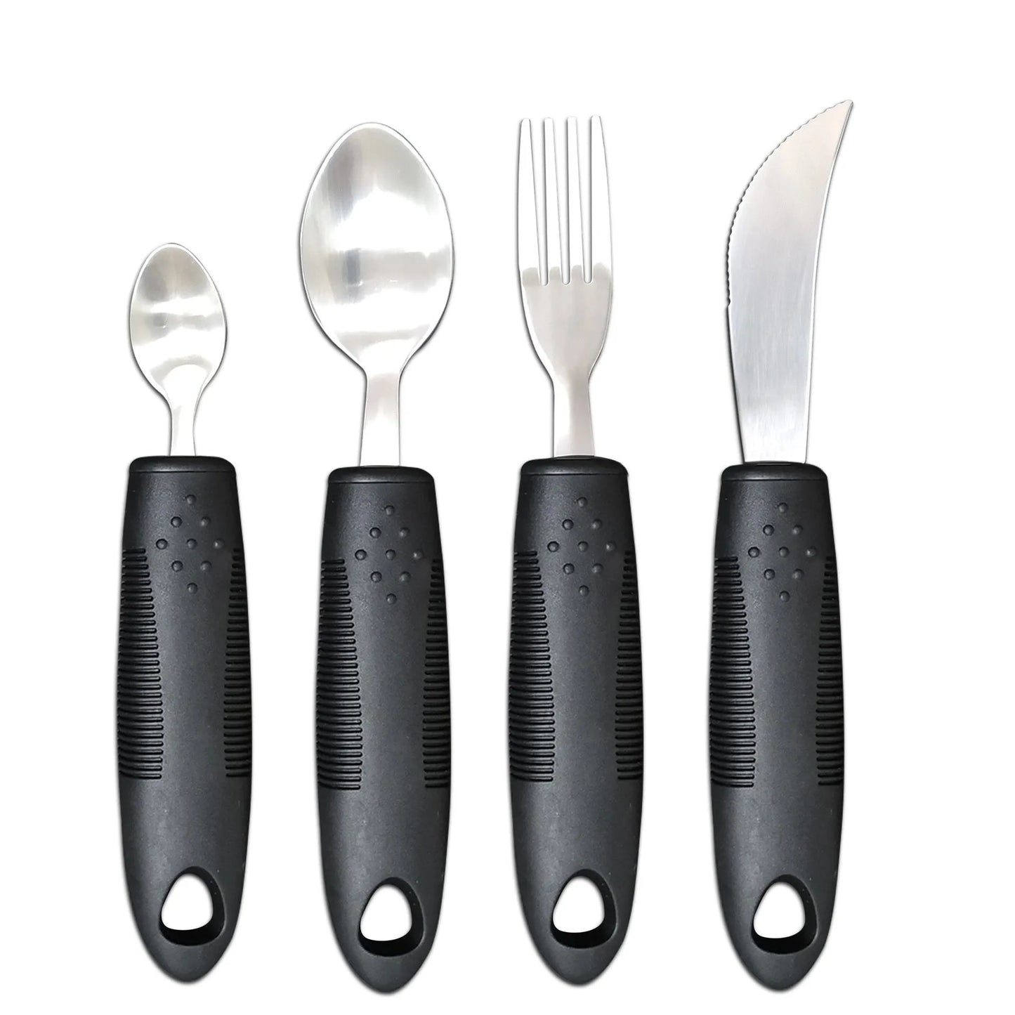 Stainless steel adaptive eating utensils with rubber handles and bendable components for elderly anti-shake support