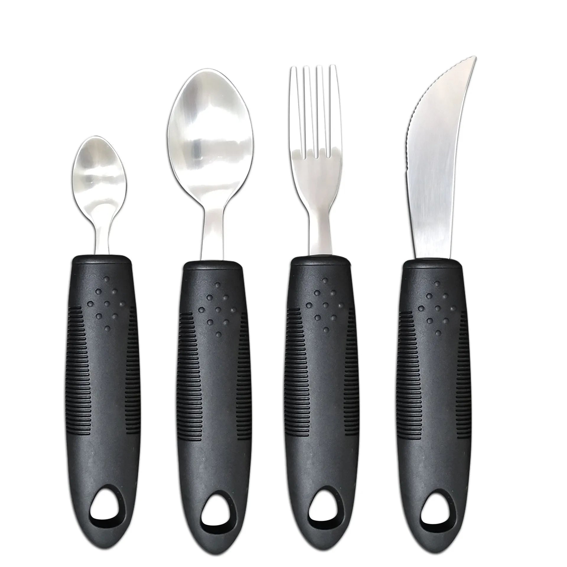 Stainless steel adaptive eating utensils with rubber handles and bendable components for elderly anti-shake support