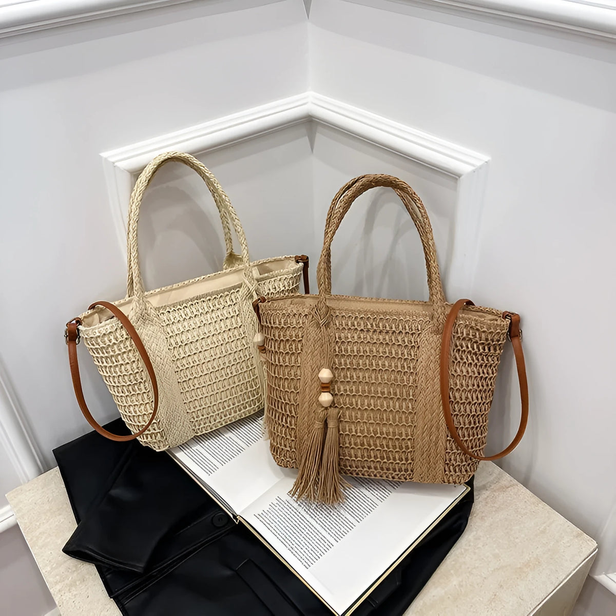 Women's large capacity straw crossbody bag in milky white or khaki with soft woven body and shoulder strap