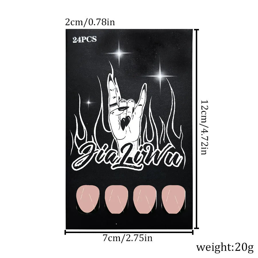 Set of 24 black French style false nails in a short almond shape laid out on a white surface.