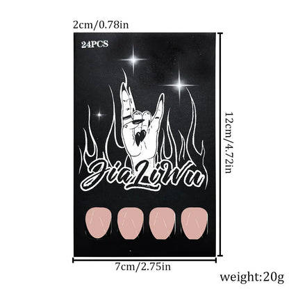 Set of 24 black French style false nails in a short almond shape laid out on a white surface.