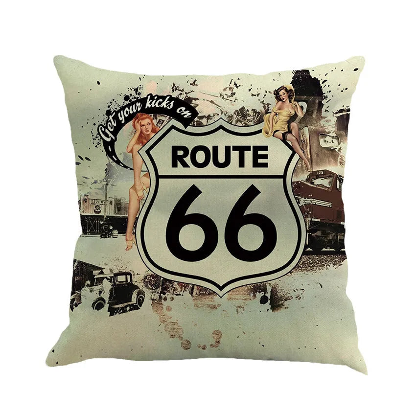 Us Route 66 linen blend cushion cover with European landscape pattern, 45x45cm dimensions, six colour options