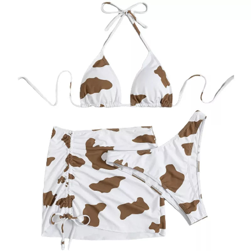 Women's cow print sleeveless swimsuit in coffee color, sizes S to 2XL