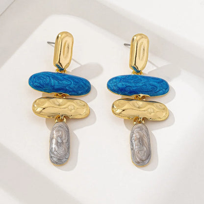 Geometric zinc alloy stud earrings with electroplated multicolour finish