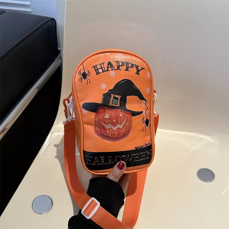 Halloween pumpkin printed crossbody bag with phone compartment in various colors