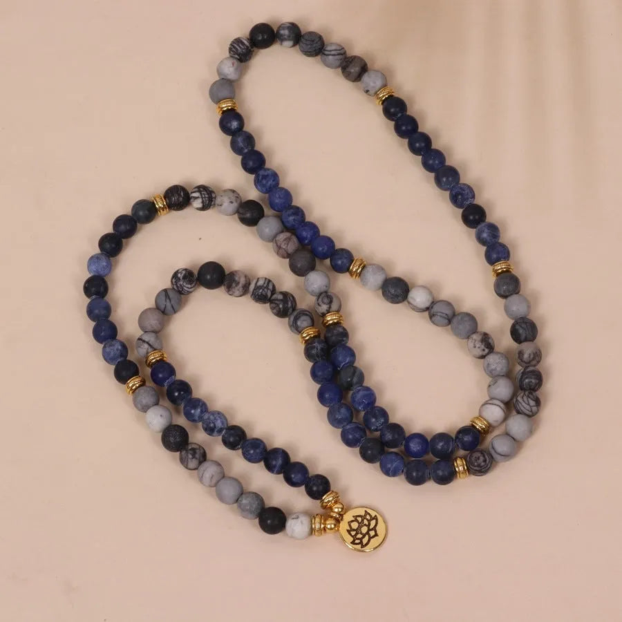 Blue patterned network stone bead multi-layer bracelet with alloy construction in natural style