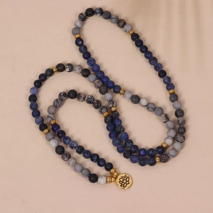 Blue patterned network stone bead multi-layer bracelet with alloy construction in natural style