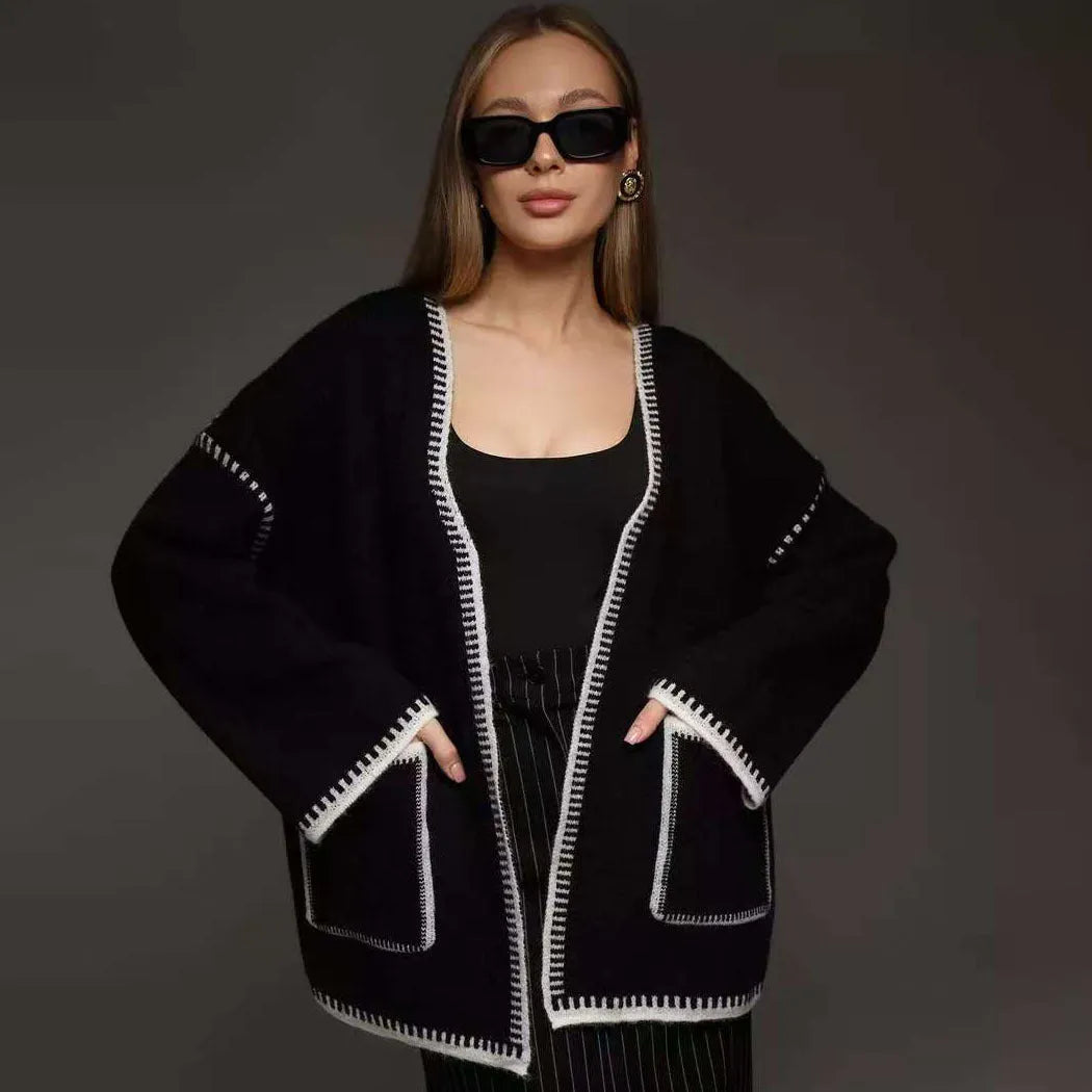 Lace-up knitted cardigan in camel colour with loose mid-length design and imitation cashmere fabric