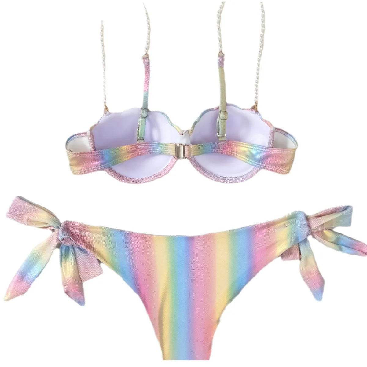 Women's shell rainbow pattern split tied bikini swimsuit with triangle top and high-waist bottoms