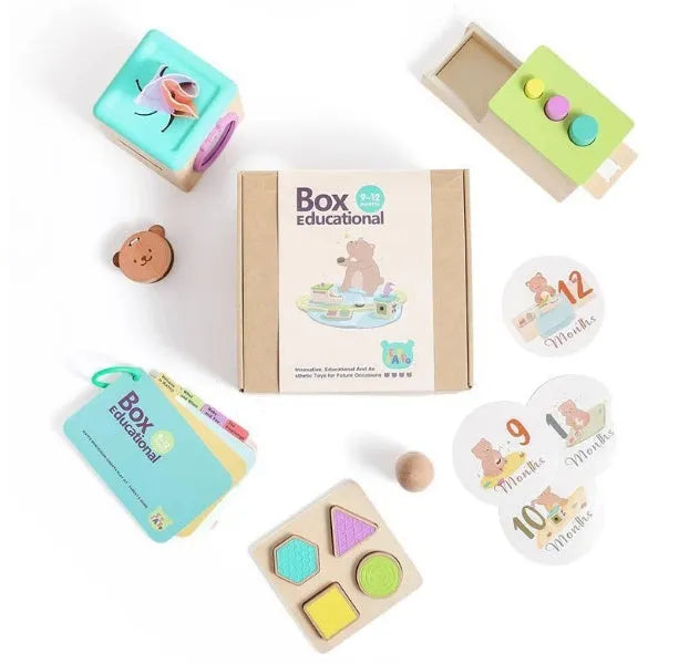 Montessori rattle toy set with black and white cards and ball chime in a colour box for babies 0-18 months