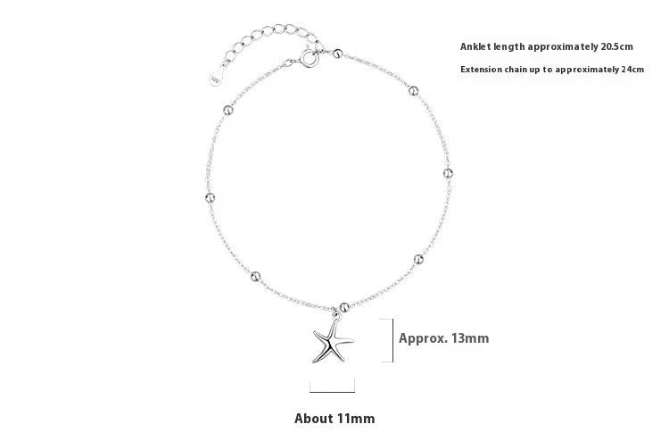 S925 sterling silver anklet with starfish charm and adjustable 16-20cm length