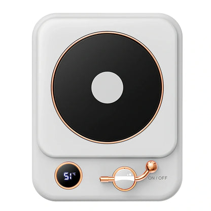 Desktop digital display warming pad with white plated collage surface showing temperature status