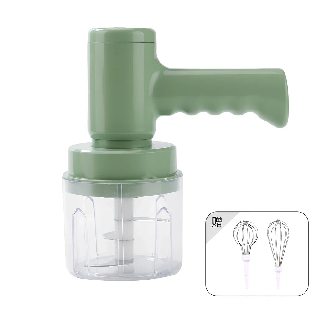 Pink electric whisk with stainless steel beaters showing 5-speed dial and compact 12cm housing