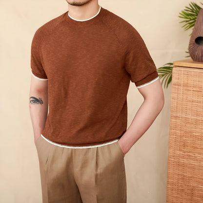Brown linen-cotton blend short sleeve t-shirt with round neck on a hanger.