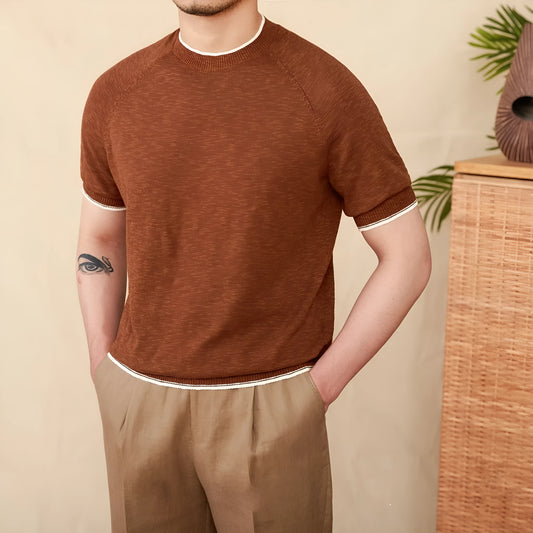 Brown linen-cotton blend short sleeve t-shirt with round neck on a hanger.