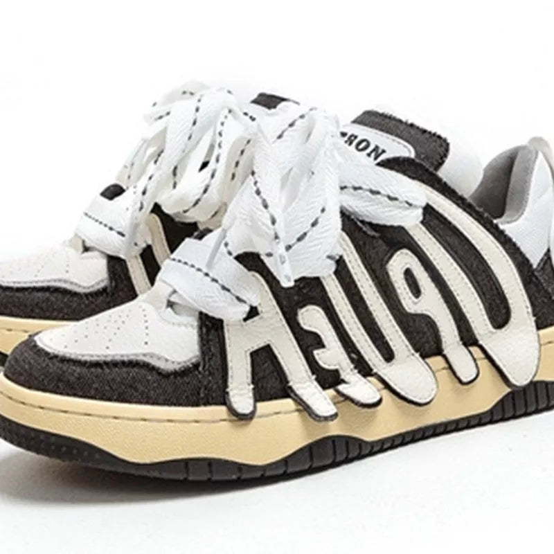 Men's and Women's Retro Sneakers with Thick Sole and Alphabet Design in genuine leather