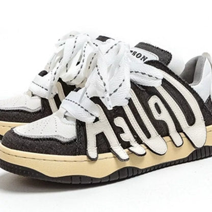 Men's and Women's Retro Sneakers with Thick Sole and Alphabet Design in genuine leather