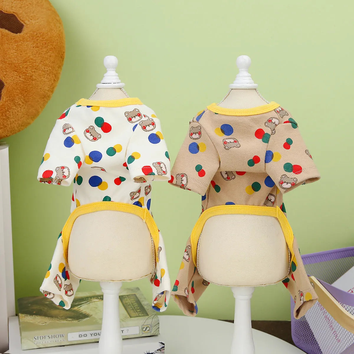 Colourful ball bear dog outfit in beige and light brown colours made from cotton spandex blend