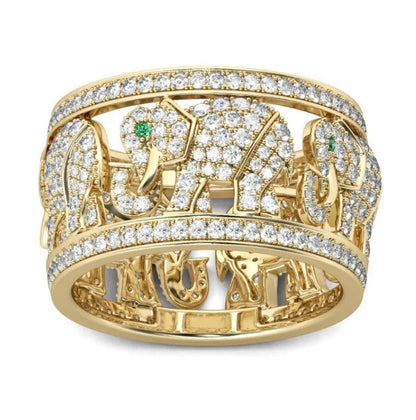 Close-up of a creative alloy elephant ring with diamond accents on a hand, showing the detailed animal design.
