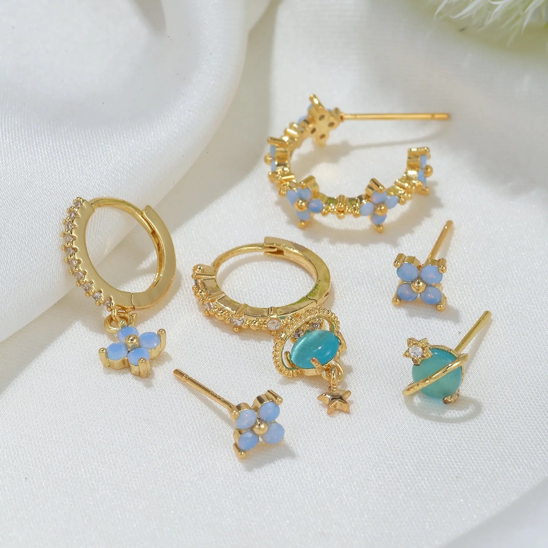 Gold and silver flower ear studs with zircon mosaic detailing, Japanese Korean style design