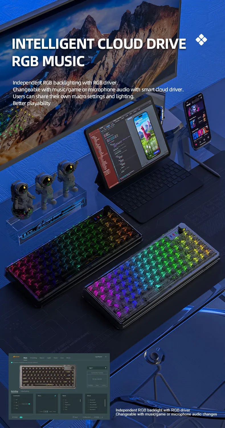 Attack Shark K75 RGB wireless mechanical keyboard with transparent PC casing and hot-swap switches