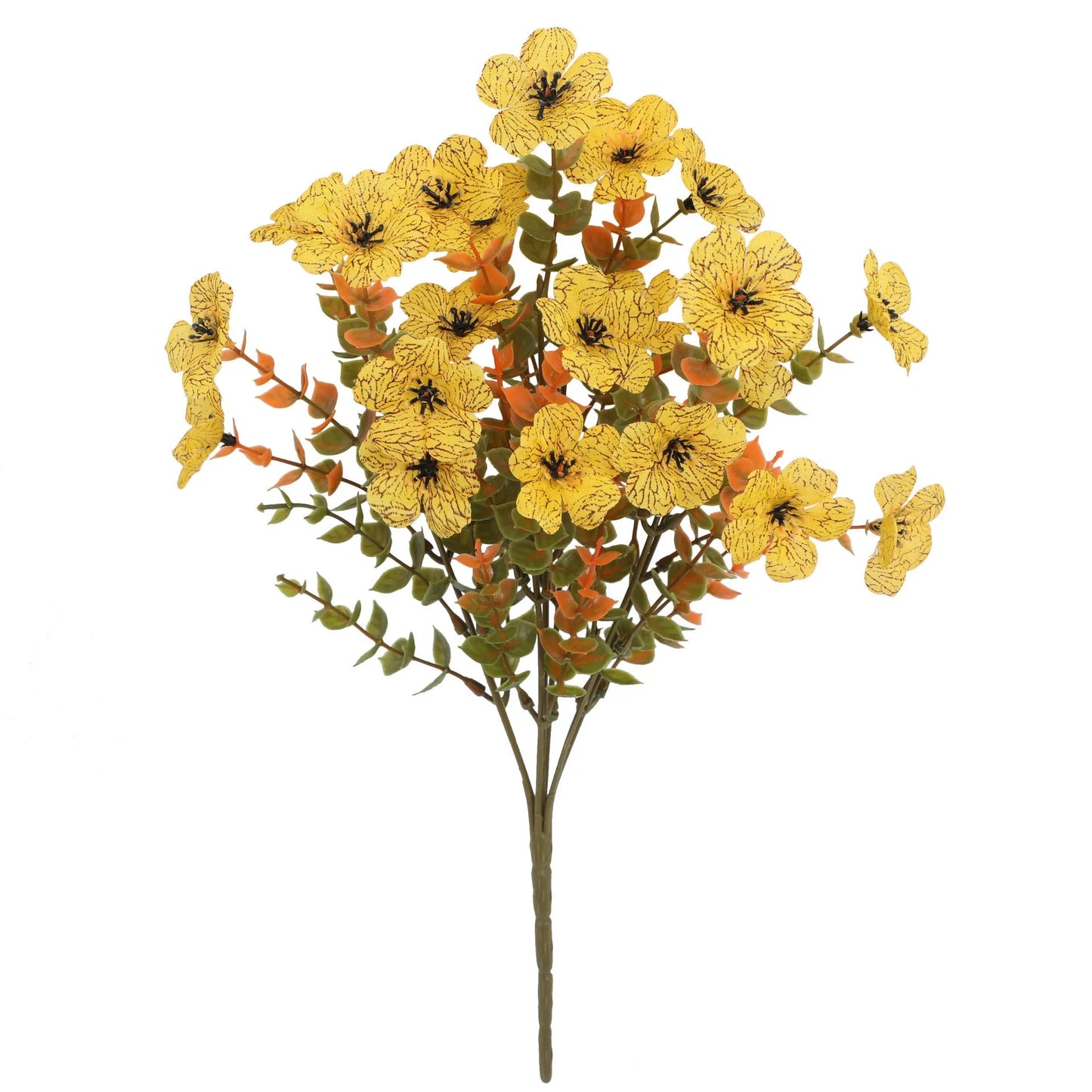 Autumn coloured artificial flower bouquet with plastic and silk flowers for decoration.