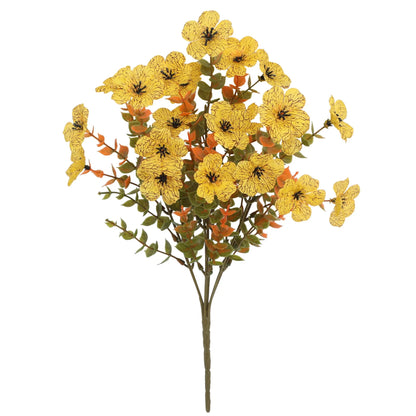 Autumn coloured artificial flower bouquet with plastic and silk flowers for decoration.