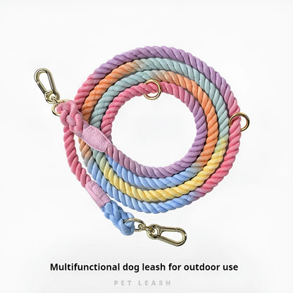 Woven rainbow pattern dog leash with double grip handles and a metal clasp.