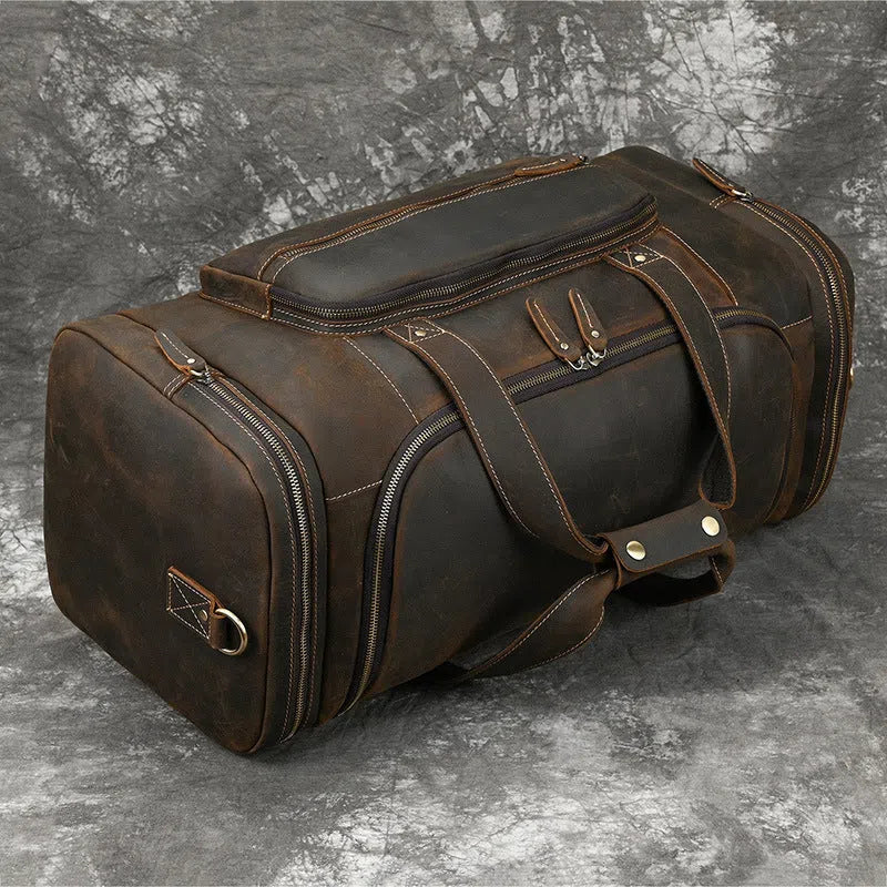 Men's dark brown full-grain leather crossbody handbag, 58cm large capacity, anti-theft, with shoulder strap.