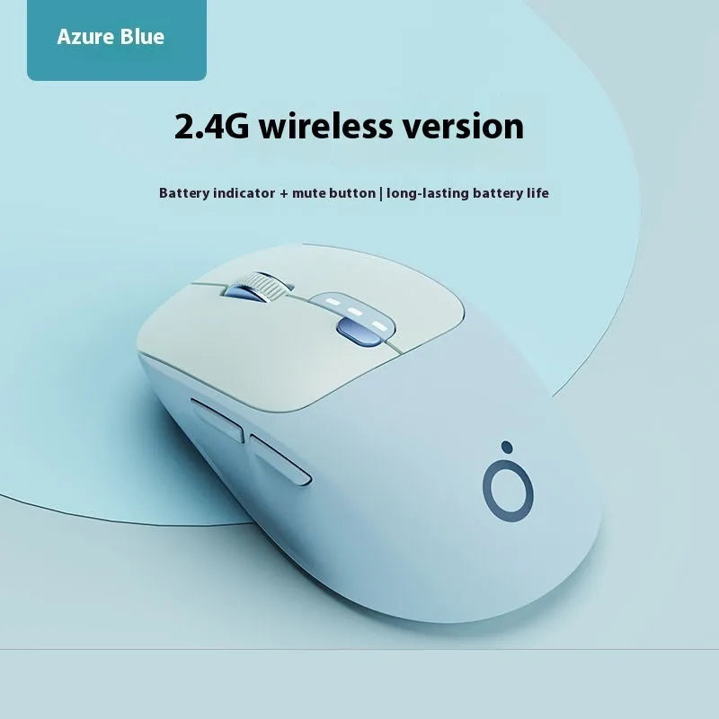 Mute wireless Bluetooth computer mouse in Matcha Green colour on a desk, showing its compact size and 5-button layout.