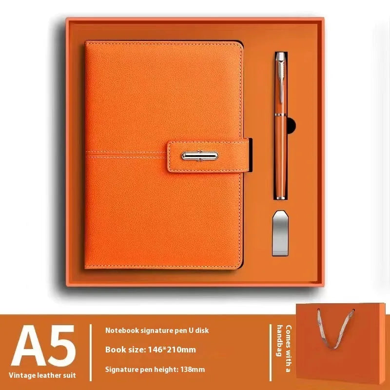A5 notebook with imitation leather cover in a choice of colours including black, red, green, blue, and orange.
