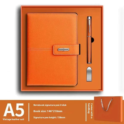 A5 notebook with imitation leather cover in a choice of colours including black, red, green, blue, and orange.