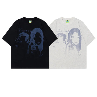 Men's grey character print cotton t-shirt with short sleeves and loose fit