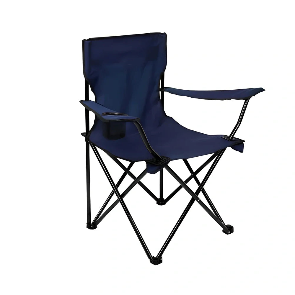 Outdoor fishing chair with adjustable backrest showing steel frame and Oxford cloth seating in navy colour